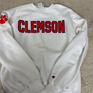 Champion White Crewneck with Red Clemson Lettering